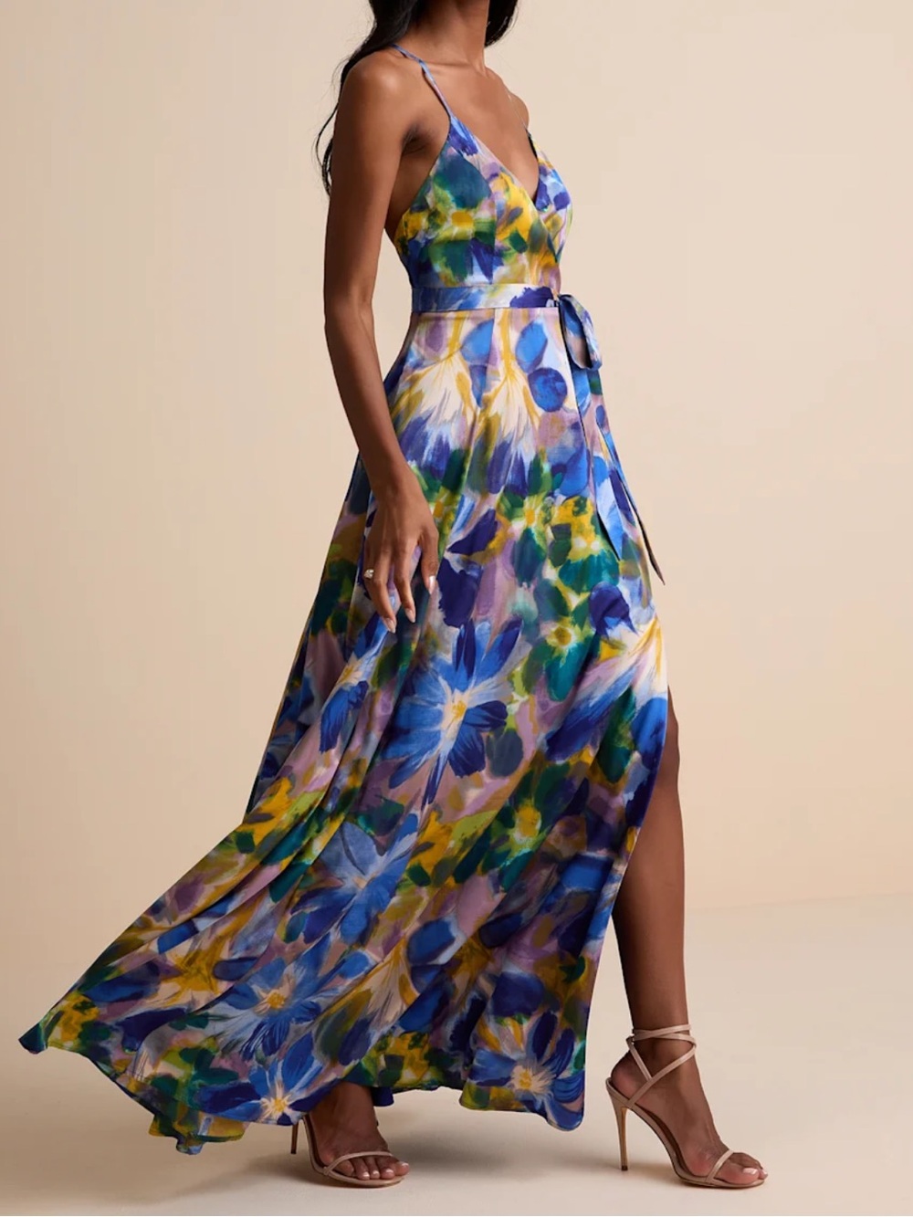 LuLus Still the One Blue Multi Floral Print Satin Maxi Dress women’s size small - Picture 2 of 10